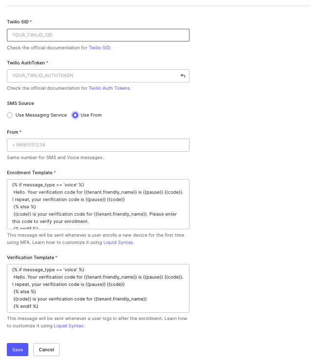 MFA Twilio settings